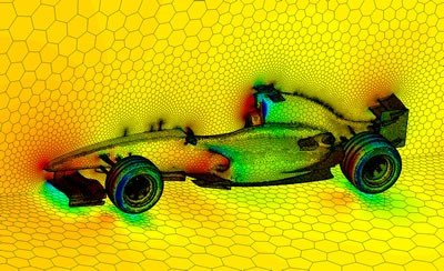 مش چند وجهی و توزیع فشار بر روی یک ماشین F1 - پس پردازش با استفاده از نرم‌افزار Ansys CFD – Post انجام شده است